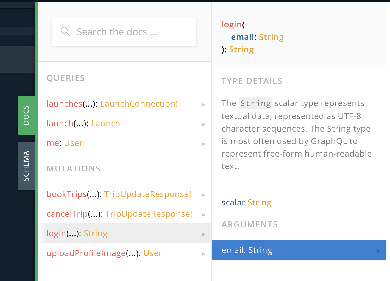 The definition of login in the schema