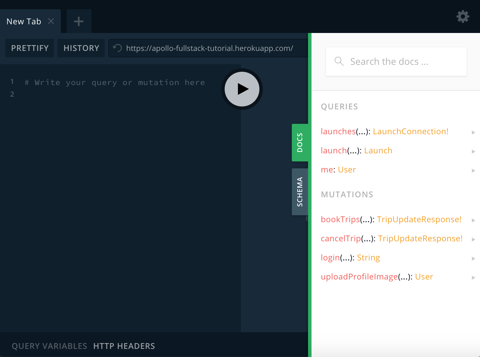 GraphQL Playground showing the schema